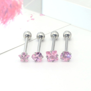 Piercing de Langue et de Lèvre en Acier Inoxydable avec Zircon Rose, Sertissage à Griffes, Formes Étoile, Cœur, Carré, Rond – Bijou Corporel - Product Image 1