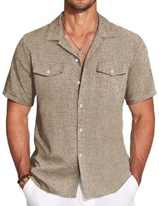 Nouvelle <span class=keywords><strong>chemise</strong></span> d'été en lin pour <span class=keywords><strong>homme</strong></span>, <span class=keywords><strong>chemise</strong></span> à manches courtes unie en lin et lin pour jeune <span class=keywords><strong>homme</strong></span> avec col à revers - Product Image 6