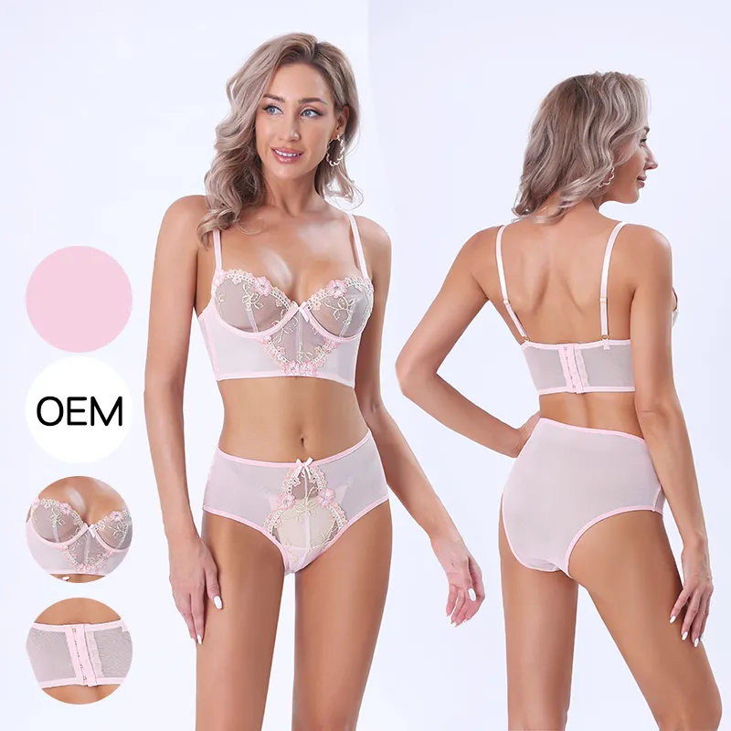 Lingerie Kustomisasi Kualitas Tinggi Renda Bordir 3/4 Transparan Cup Longline Bra dan Celana Dalam Set Bra Set Pakaian Dalam Pengantin