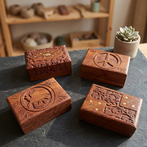 Juego de 3 Cajas de Madera Indias Ecológicas Talladas a Mano con Incrustaciones de Latón, Diseño Rectangular, Regalo Navideño - Product Image 2