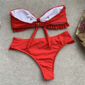 Conjunto de Bikini de Cintura Alta con Efecto Push-Up para Mujer Talla Grande, Estampado Fresco/Puntos/Color Liso, Traje de Baño con Logotipo Frontal, Ropa de Playa - Product Image 4