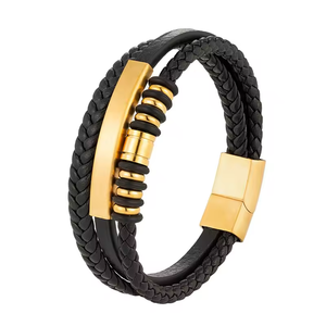 Men's Braided <b>Leather</b> <b>Bracelet</b> with 18K PVD Gold Plated Stainless Steel bar & Magnetic Clasp | Stylish Wristband for Casual Wear - Product Image 1