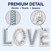 Patch Appliqué LOVE en Denim Bleu, Perles et Paillettes Argentées, Décoration Brodé à Coudre pour Vestes, Sacs et Projets DIY