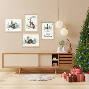 EAGLEGIFTS Natal Dekorasi Dinding Seni Poster Bingkai Xmas Rusa Rumah Pemandangan Dibingkai Foto Gambar Dinding Dekorasi Bingkai Foto Set