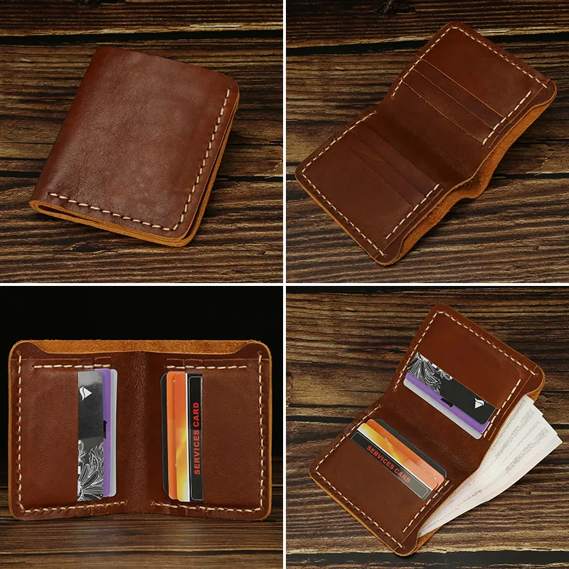 Carteira de couro real para homens, carteira de couro bovino com logotipo personalizado, clipe para dinheiro e passaporte, porta cartão de crédito