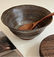 Bol à soupe et nouilles en céramique fait main, style japonais, design rétro de luxe léger, grand format, avec motif fileté, revêtement sous glaçure de couleur, haut de gamme
