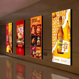 لوحة إعلانية بإطار من الألومنيوم والأكريليك بشعار مضاء بإضاءة LED ذات ملصق رفيع للغاية يظهر قائمة الطعام ومصباح LED