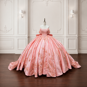 Robe de bal de Quinceañera de luxe Lsmc142 rose corail, longue, avec appliques aux épaules, corset perlé, en satin, motif floral - Product Image 6