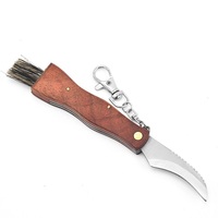 Couteau pliant pour la cueillette des champignons, lame incurvée en acier inoxydable 3Cr13, manche en bois avec brosse et porte-clés pour la cueillette de champignons en extérieur