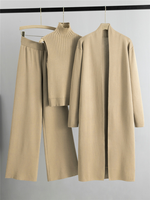 Nouvel ensemble tricoté élégant et simple pour femme : gilet sans manches, long cardigan et pantalon ample – Ensemble trois pièces pour femme