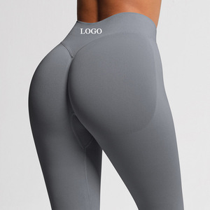 <strong>Custom</strong> Nylon Spandex Seamless 4-Way Stretch Fitness Workout <strong>Pants</strong> V-Shaped Hip-lifting <strong>Compression</strong> Elastic Waist Yoga Leggings - Product Image 1