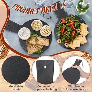 Plateau de service de charcuterie à <span class=keywords><strong>viande</strong></span> et à fromage Assiettes rondes en pierre noire Planche à fromage en <span class=keywords><strong>ardoise</strong></span> avec poignée pour les fêtes de cuisine Pizza - Product Image 5