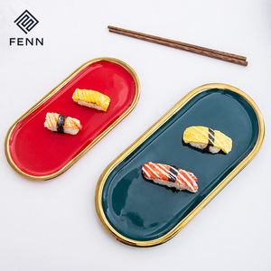 Luxe Golden Edge Ovale Ceram Sushi Dessert <span class=keywords><strong>Assiette</strong></span> Restaurant Coloré Rouge Vert Noël Dîner Plats De Service Ensemble De Plateau En Marbre - Product Image 6
