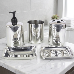 Stainless Steel Bathroom Set 5 Piece Modern Round <b>Toothbrush</b> <b>Holder</b> Soap Dispenser Tumbler Tray Easy To Clean - Product Image 3