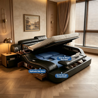 Cadre de lit king queen double avec tiroirs de rangement 180x200 160x200 pour lit double en cuir LED moderne de luxe en bois massif