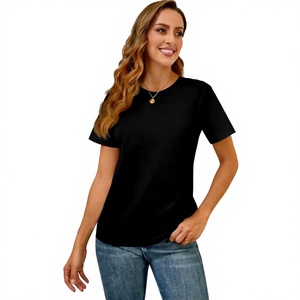Camiseta de Manga Corta con Cuello Redondo Negra para Mujer, Corte Regular, Color Sólido, Informal, de Algodón Jersey, para Todas las Temporadas - Product Image 1