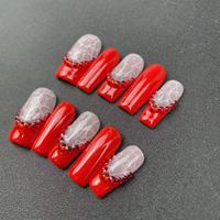 Vente en gros d'usine, faux ongles faits à la main de haute qualité, style cercueil rouge, brillants, style français, réutilisables