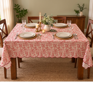 Nappe en lin de qualité supérieure avec imprimé toile rouge vintage et bord festonné – Housse de table décorative pour la maison, le restaurant - Product Image 2