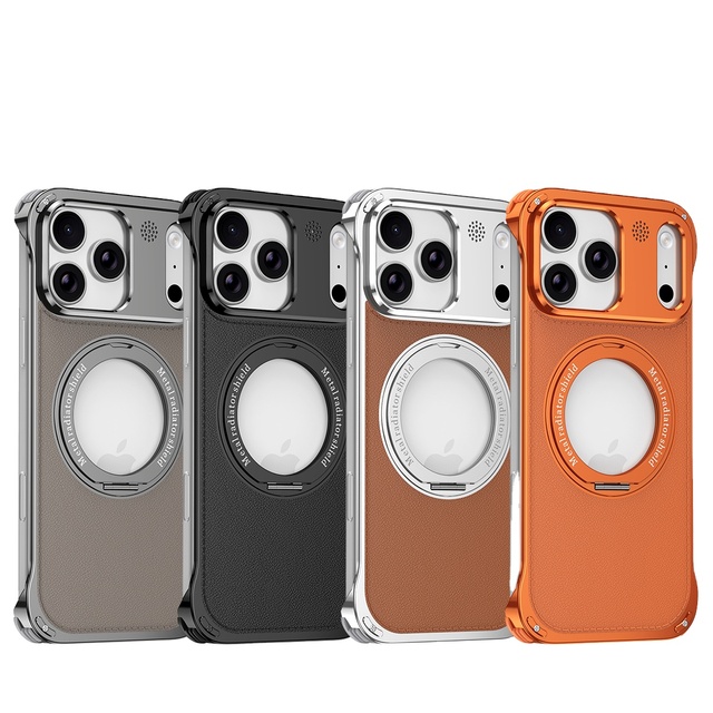 New Arrival Aluminum Alloy 360 Rotatable Kickstand logo Visible Leather Back Phone case Cover for iphone 17 Pro Max 16 15 14plus
