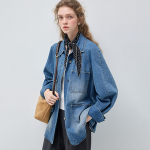 Vega Chang Giacca Casual Mini in Denim Americano Retrò, Blu Brillante con Sciarpa a Pois, Stile Unico e Sofisticato per il Pendolarismo, Design Non Ripetitivo - Product Image 1