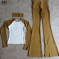 Ensemble de détente 3 pièces pour femme, collection Automne Noël, avec broderie personnalisée du logo, haut à manches longues raglan color block, leggings évasés et bandeau