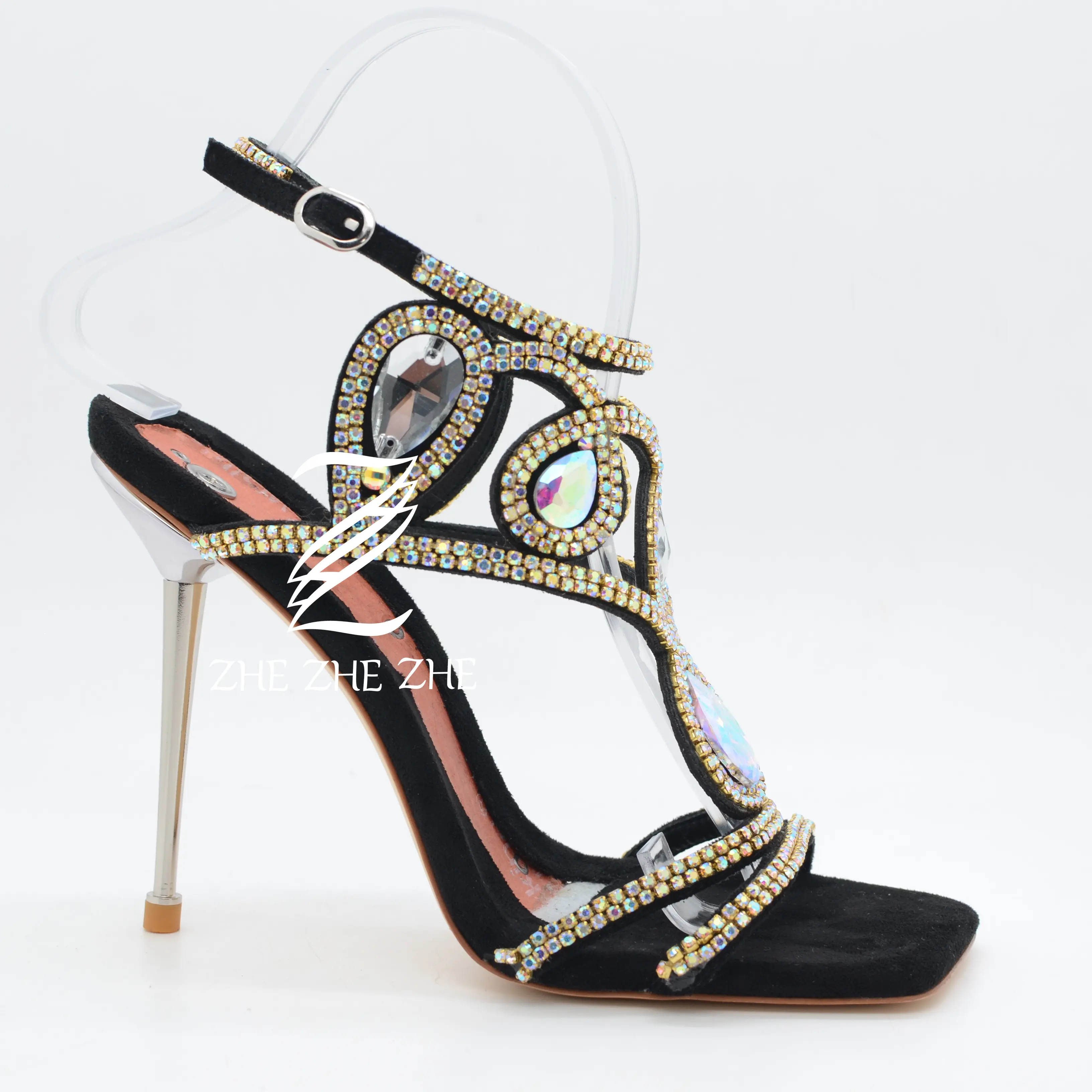 Net Red Style Hot Selling Fashion Colored Rhinestone Black Square Toe Heeled Sandals Metal Heel Party Sexy High Heels Shoes