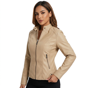 Luxury Women's <b>Cream</b> Real Leather Moto <b>Jacket</b> Sleek Tailored Stand Collar Zip Front Lightweight Winter Biker Outerwear <b>Jackets</b> - Product Image 1