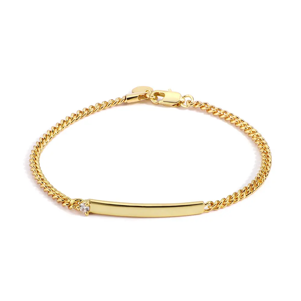 Atacado moda jóias cuba cadeias senhoras pulseira banhado a ouro sólido cobre diamante em branco gravado magro bar pulseira