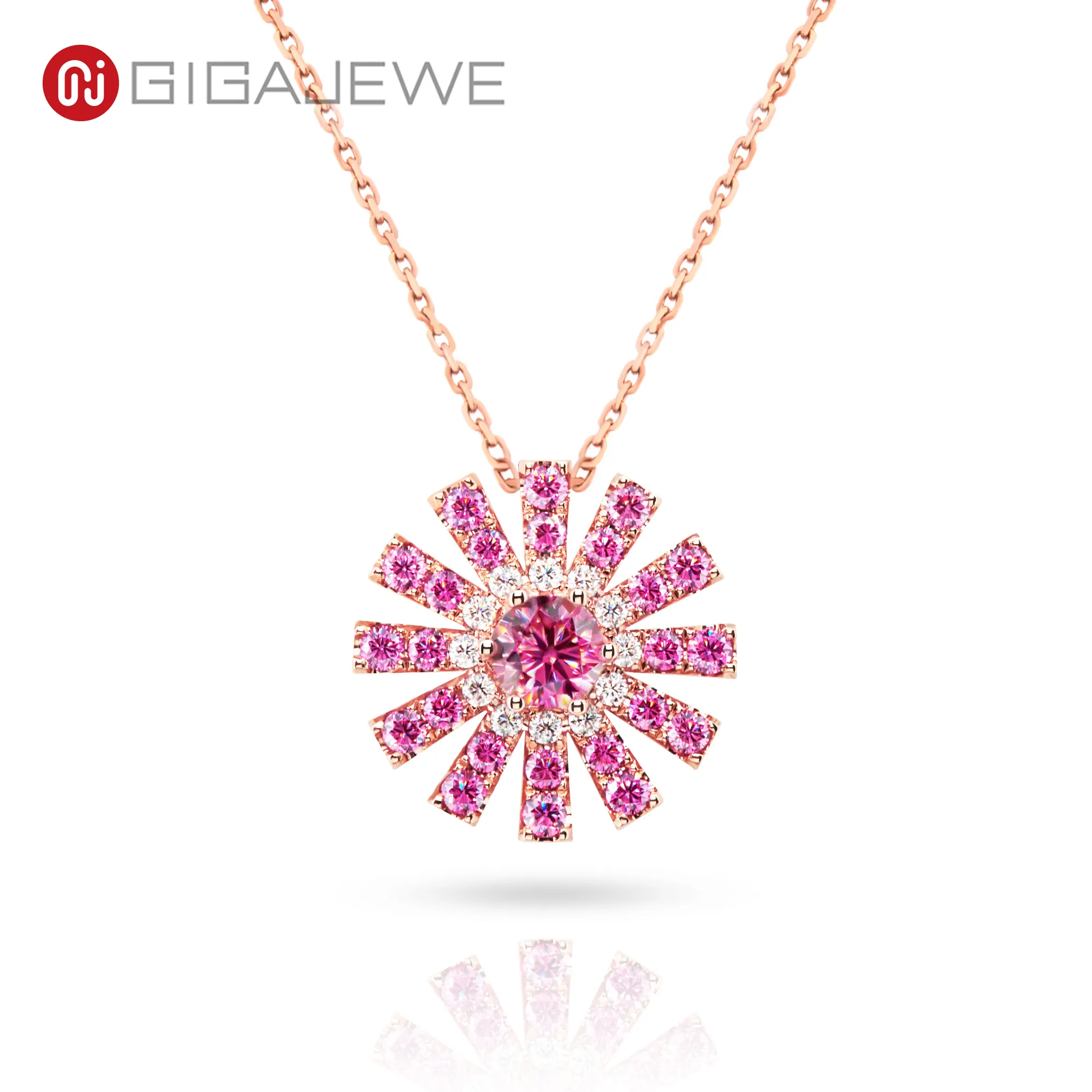 GIGAJEWE 1.2ct gül altın 9K/14K/18K kolye kolye 5mm yuvarlak kesim pembe Moissanite güneş kolye