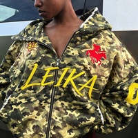 Sweat à capuche zippé intégral pour homme, personnalisé OEM, imprimé camouflage intégral, avec broderie de patch en chenille et bords effilochés, Fabricant