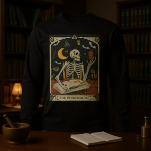 T-shirt a maniche lunghe unisex con stampa digitale a tema Scheletro del Farmacista (Carta dei Tarocchi), girocollo, per adulti, per studenti di farmacia e medicina - Product Image 2