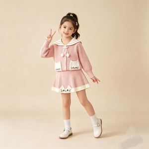 Set 2 Pezzi per Bambine Stile Marinaio con Gatto Cartoonesco, Cardigan Lavorato a Maglia e Gonna, Outfit Casual Autunno Inverno - Product Image 6