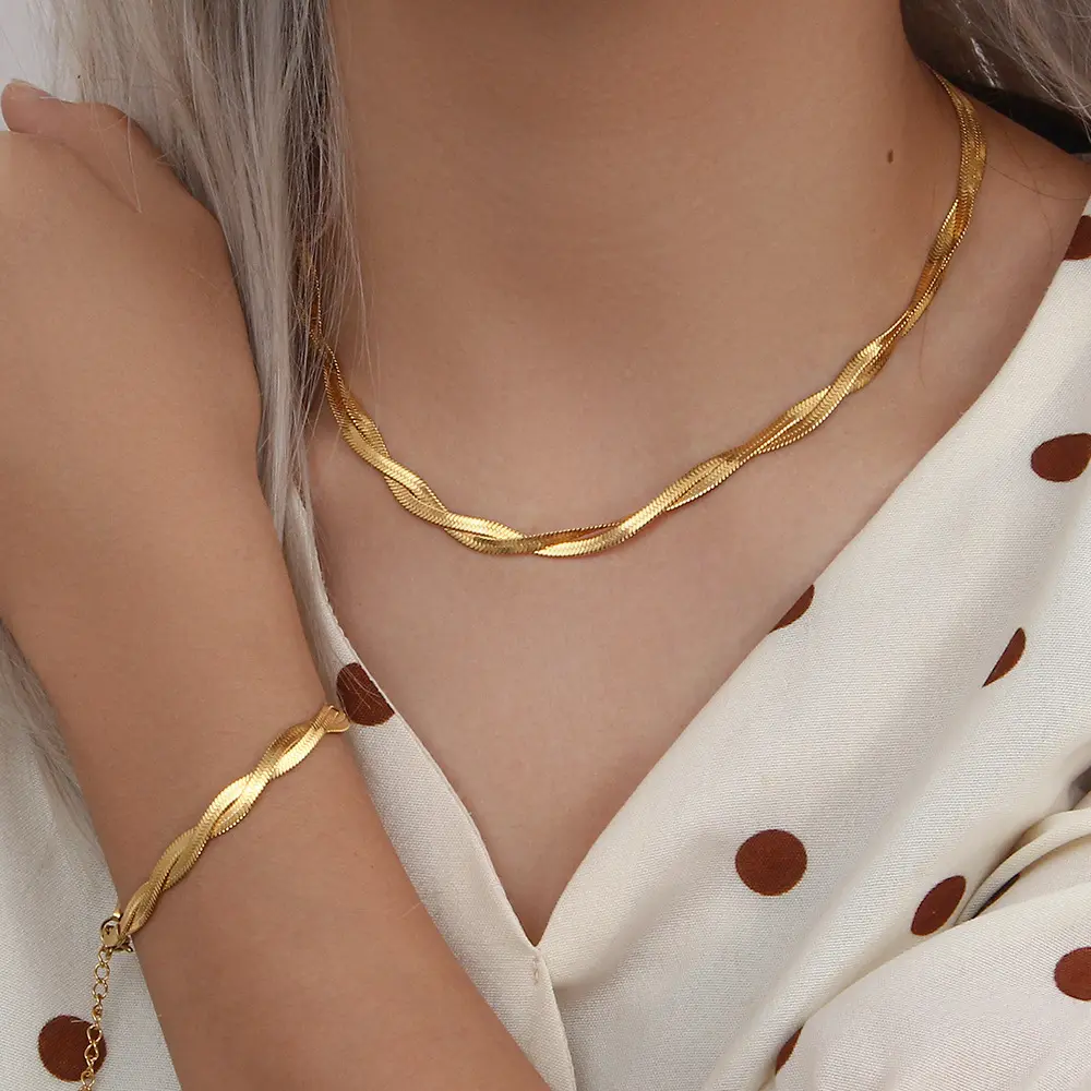 Moda banhado a ouro aço inoxidável trançado cobra corrente colar pulseira espinha de peixe trançado correntes conjunto de jóias para mulher