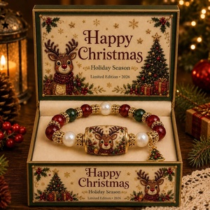 Santa Claus Crystal Pearl <b>Beaded</b> <b>Bracelet</b> with Tube Pine Tree Pendant Alloy Unisex Christmas Gift - Product Image 3