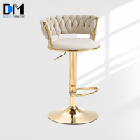 DM Moderner Weißer Samt-Barhocker mit Eleganter Gepolsterter Rückenlehne, Goldenem Metallrahmen und Drehbarem Lift-Gestell für Kücheninsel