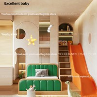 Minimalistisches Kinder-Etagenbett mit Rutsche und Stauraum aus Massivholz, Hochbett im Doppelstock-Design mit Schreibtisch