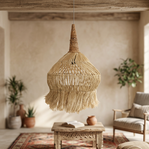 Lampe suspendue en rotin tissé à la main, avec franges, abat-jour en verre, style bohème, pour chambre à coucher, café, restaurant - Product Image 2