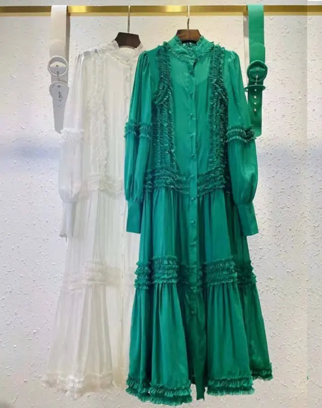 White Green Long Dress 2022 Spring Summer Fashion Clothing High Quality Women Appliques Floral Long Sleeve Casual Maxi Dress