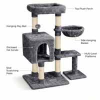 Arbre à chat robuste et écologique en peluche avec poteaux en sisal, structure d'escalade multi-niveaux en velours, montage facile, emballage en carton pour chats d'intérieur