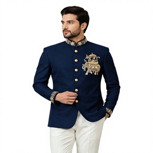 Black Embroidered Sherwani <b>Fabric</b> Suit Set Traditional Formal Wear for Wedding Ceremony Banquet - Product Image 3