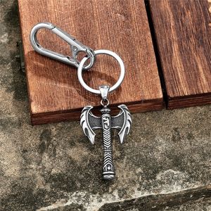 Porte-clés en métal double hache, style viking nordique, pendentif en alliage de zinc avec sangle en cuir ou mousqueton, cadeau unisexe, breloque - Product Image 3
