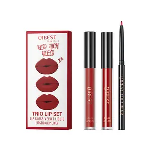 Lipstik Cair, Set lipstik cair + pensil garis bibir, pena lipstik Ultra Matte, Kit kosmetik riasan telanjang beludru tahan lama