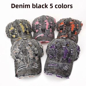 Retro Washed PVC Denim Patchwork 6-Panel Baseball Cap Holes Color-Block Design Frayed Edges Sun-Protection Trendy Unisex - Product Image 2