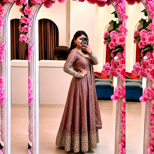 Robe Anarkali longue en soie avec broderie dorée, tenue traditionnelle indienne et pakistanaise pour mariage, coupe classique pour femme - Product Image 1