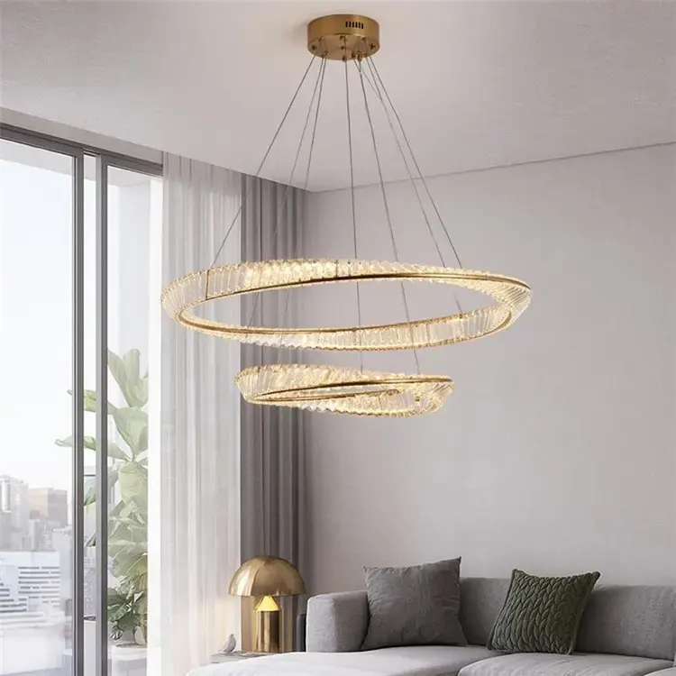 Crystal Modern Led Ceiling Fixtures Dining Room Pendant Lights Contemporary 2 Rings Stainless Steel Chandelier
