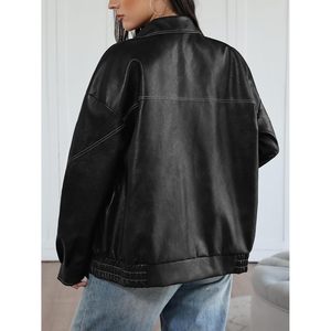 Womens Oversized Leather Bomber Jacket Full Sleeve Turn <b>Down</b> Collar Autumn Winter Coat - Product Image 4