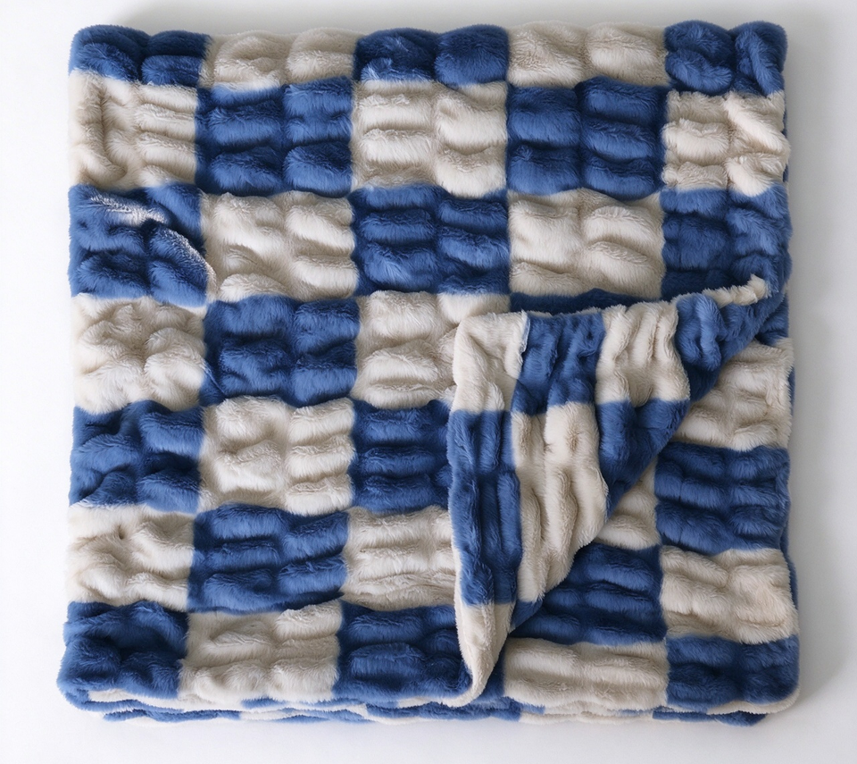 Blue White Checker Stretchy Spandex Faux Rabbit Fur Blanket Thick Warm ...