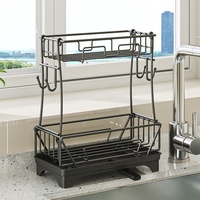 Organisateur d'évier à 2 niveaux en métal antirouille avec patins antidérapants, crochets pour brosse à vaisselle, porte-serviettes et porte-éponge pour évier de cuisine