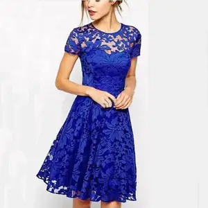 Commercio all'ingrosso casual 5XL indossare vestito da estate delle donne o collo manica corta royal blu delle ragazze del merletto del vestito