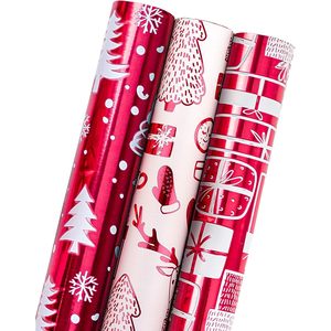 Wrapping Paper Roll 17x120 Inch 3 Red White Christmas Designs Double Sided Recyclable Gift Craft Packaging - Product Image 1